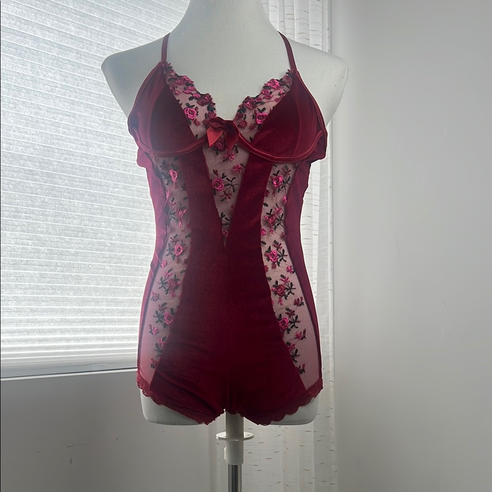 Velvet and Floral Lace romper Bodysuit in Burgundy and Pink red S